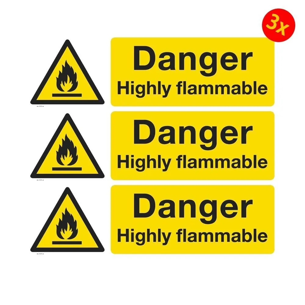 Pack of 3  Warning Safety Sign Danger Highly Flammable Self Adhesive Vinyl