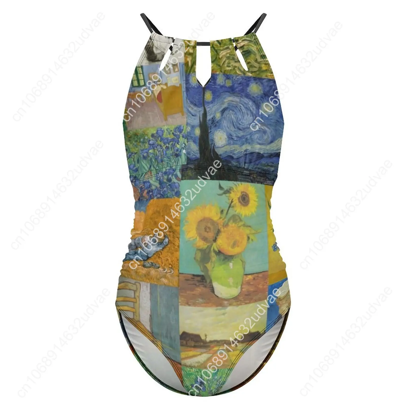 Van Gogh Collage traje de baño Sexy estampado de girasoles mujeres traje de baño de una pieza dulce trajes de baño surf Push Up Halter Monokini