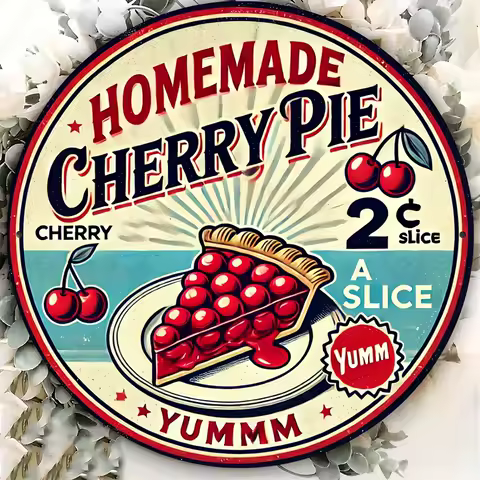 Vintage-Style Cherry Pie Metal Sign - 8x8 Inch Round Aluminum Wall Art for Kitchen, Bedroom, Bar Decor - Durable &amp; Easy to Hang