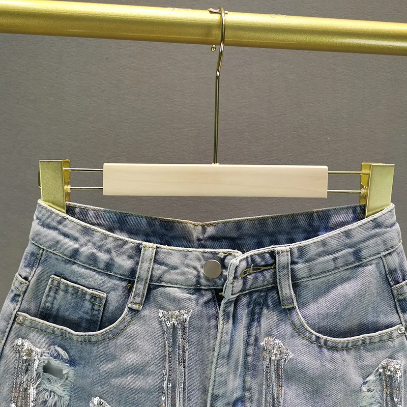Jeans Shorts Woman 2023 Summer New European Streetwear Style Loose High Waist Sequin Fringed Ripped Denim Hot Pants