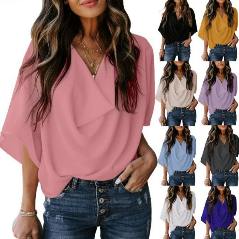 

Loose Vneck Chiffon Shirt Casual Tshirt Womens Cloth 2026 Fashionable Loose Fit Vneck Design Silk Luster PVC Material