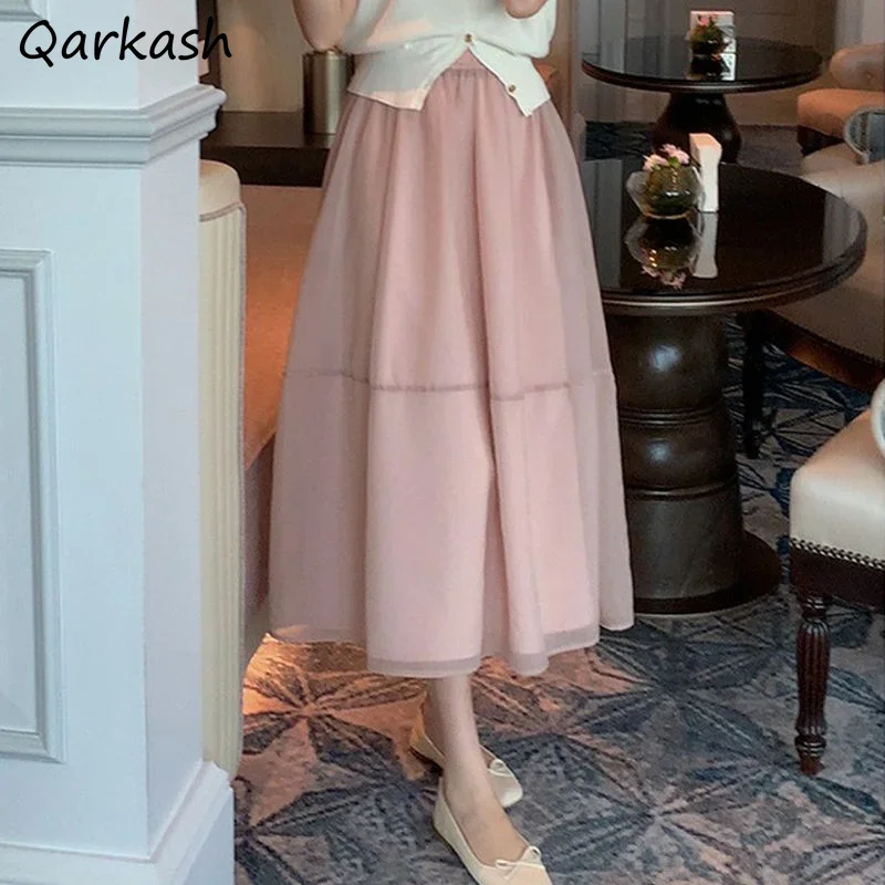 

S-3XL Midi Mesh Skirts Women A-line Solid Young Sweet Girlish Spring Casual All-match Korean Fashion Style Popular Faldas Largas