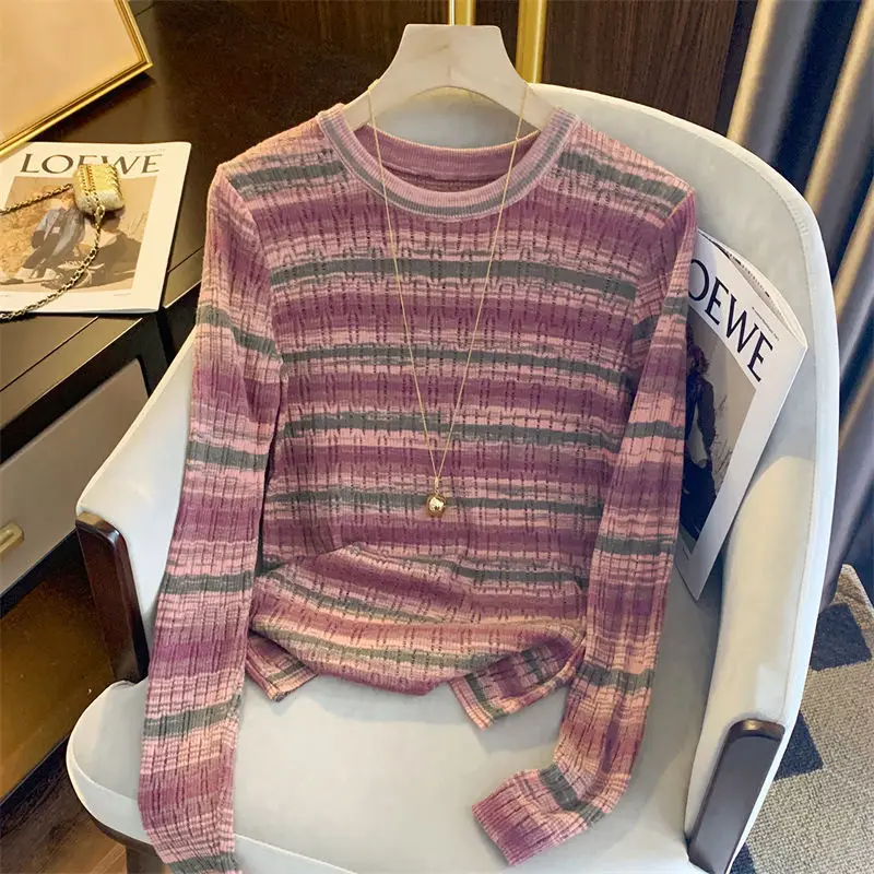 

Women's Gradient Striped Knit Top, Crew Neck Long Sleeve Slim Fit Sweater, Textured Casual Base Layer