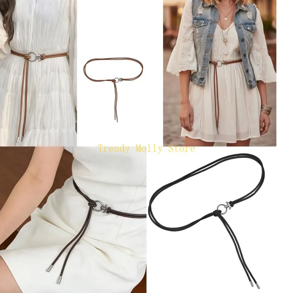 

N5KB Adjustable Knot Closure Thin PU Leather Sash Belt Retro Look Waist Strap Band