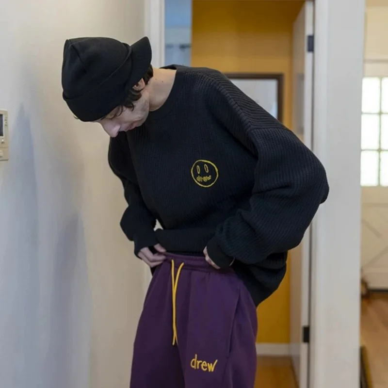 드류 하우스 프리미엄 스마일리 자수 스트리트웨어 유니섹스 커플 오버사이즈 크루넥 니트 스웨터