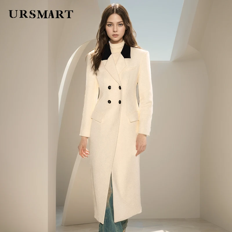 High-Quality White Slim Fit Wool Women's Coat - Modern Minimalist Double Breasted Design