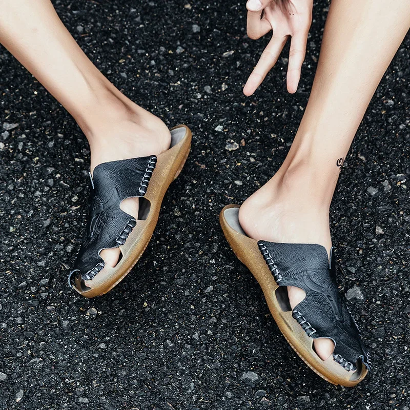 Sandalias de cuero de talla grande para hombre, zapatos clásicos de verano para hombre, zapatillas, sandalias suaves, calzado romano cómodo para caminar al aire libre