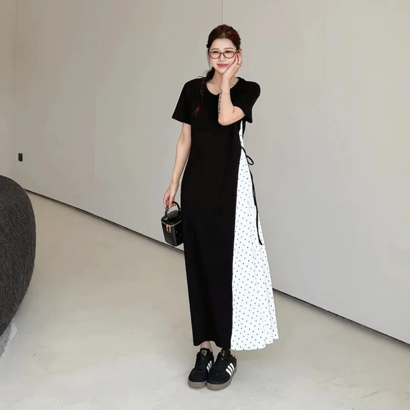 女性用半袖Tシャツドレス,ルーズフィット,ラージサイズ,黒,水玉模様,パッチワーク,夏服,2020