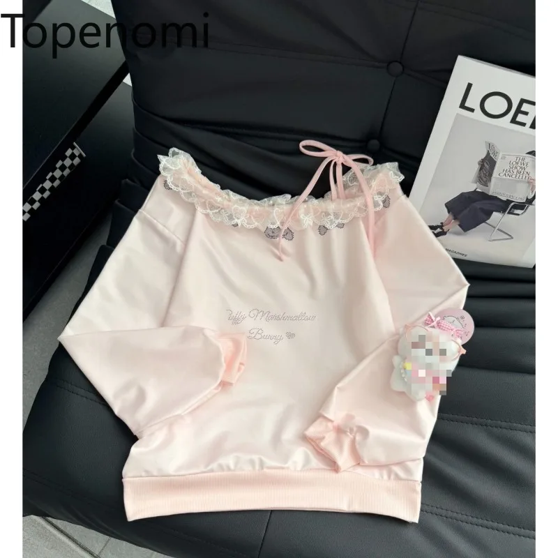 

Женская толстовка Topenomi с принтом, кружевными вставками и открытыми плечами, новая коллекция 2026, в стиле кавайи, свободного кроя, универсальная, эстетика Y2K