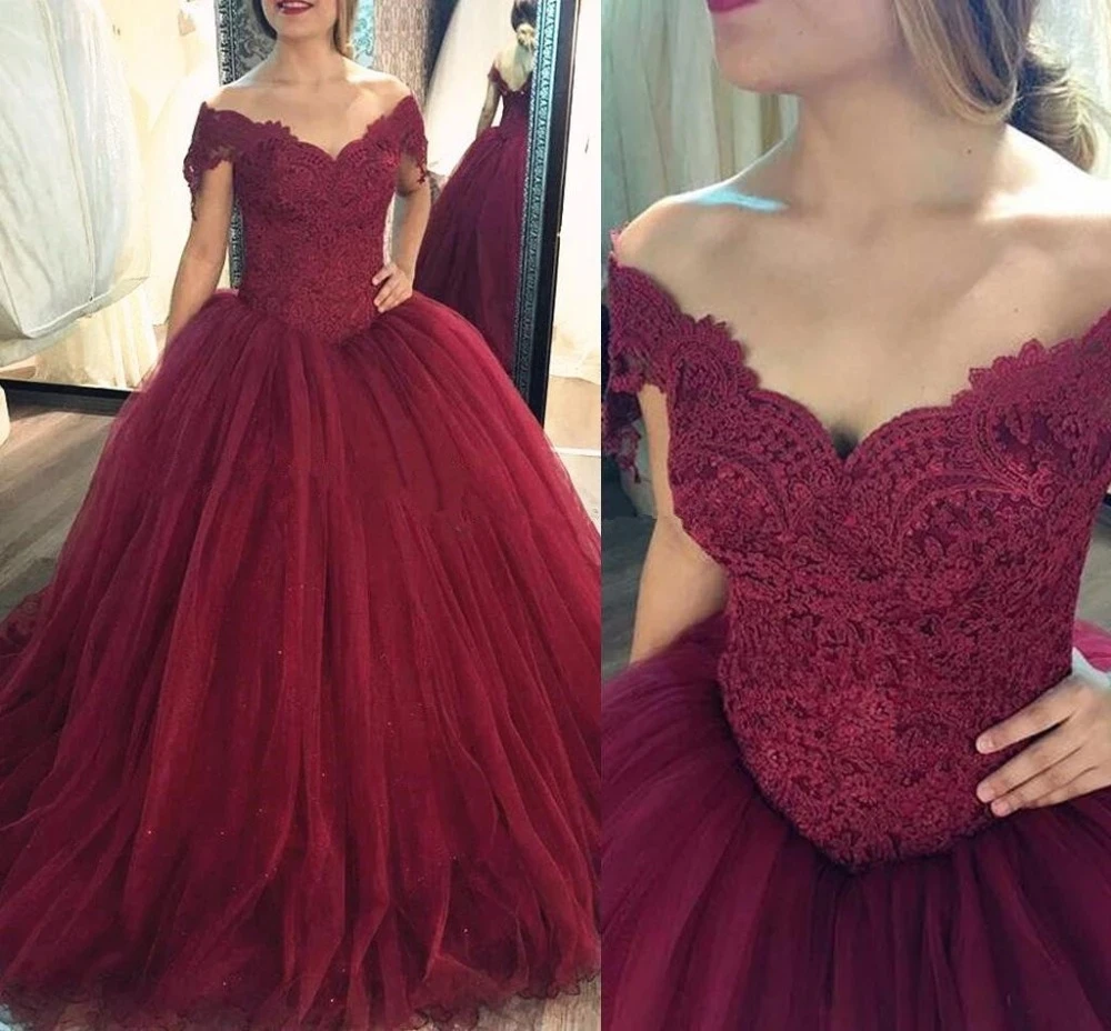 

ANGELSBRIDEP Burgundy Cap Shoulder Ball Gown Quinceanera Dresses Vestidos De 15 Anos Sexy V-Neck Lace Tulle Princess Party HOT