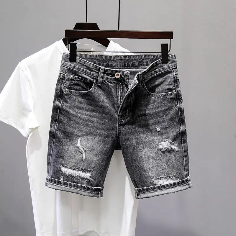 Fashion 2026 Ripped Denim Shorts Men's Summer New Black and Gray Slim-fitting Small Straight-leg Black Five-point Pants Man Jean