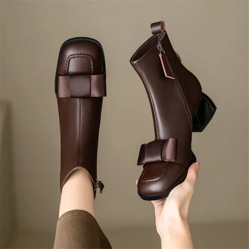 New Winter Cow Leather Women Boots Square Toe Chunky Heels Boots for Women Fashion Bow Short Boots Ladies Shoes Zapatos De Mujer