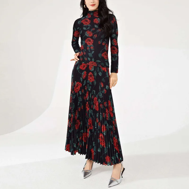 HKSH الخريف جديد المرأة العصرية تنورة زهرة مطبوعة مطوي ألف خط التنانير طويلة الأكمام نصف الياقة المدورة أنيقة شيك تي شيرت HK10603