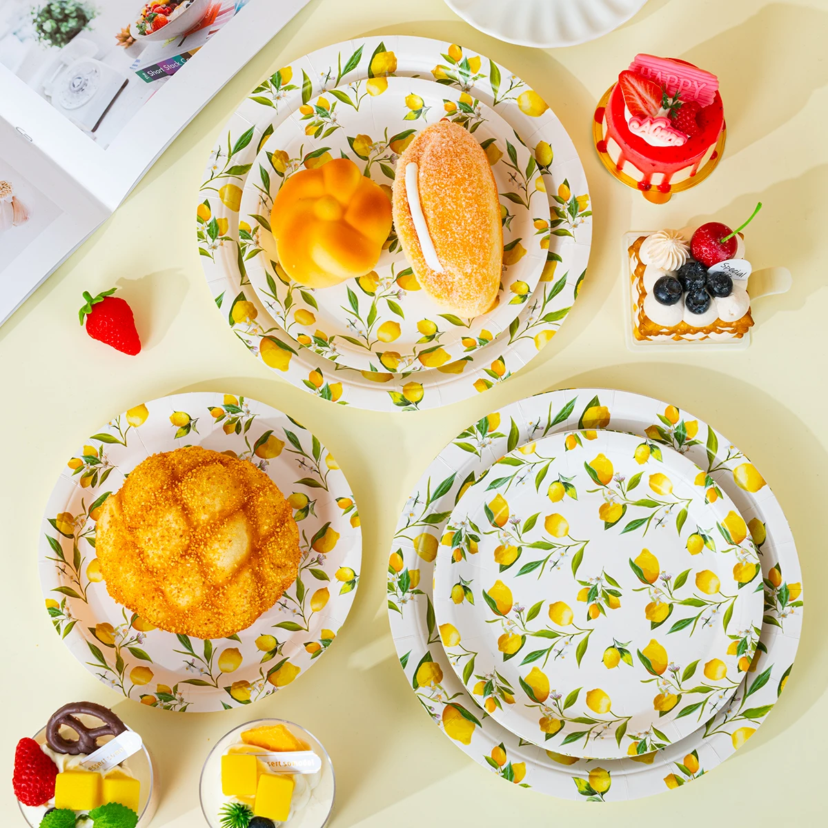 Yellow Lemon Green Leaf Disposable Round Paper Plates, Lightweight Party Paper Plates for All Occasions image 5