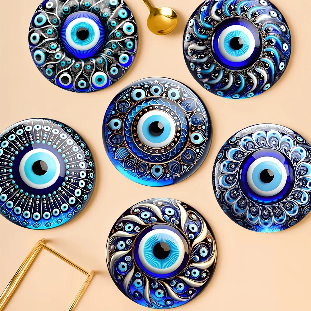 6 PCS 2D Wooden Coasters Blue Eye Pattern Theme Desktop Insulation Mats Home Decor Coffee Cup Coasters For Office Restaurant
