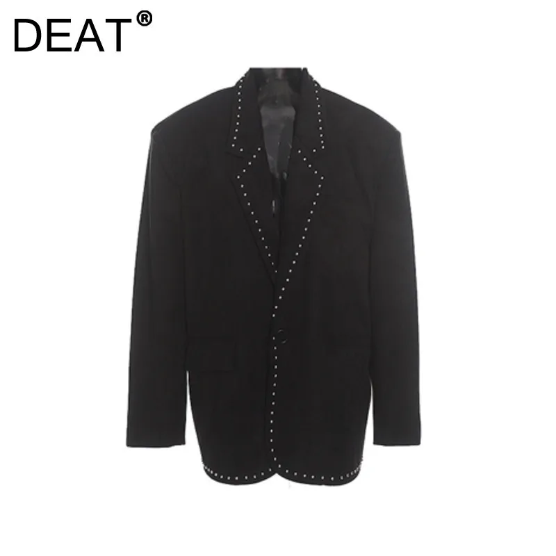 DEAT Women's Suede Blazer Notched Collar Black Rivets Decoration Loose Shoulder Padded Suit Jackets 2025 New Fashion Spring