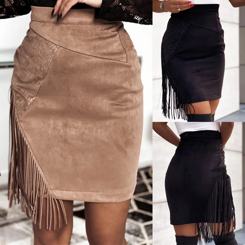 

Women Summer Sexy High Waist Hip skirt Splicing Tassel Short Skirt Female Fashion Slimming Soild Color Short Streetwear skirts