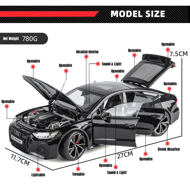 1/18 Audi RS7 Sportback Model samochodu zabawkowego Diecast Alloy Metal Miniature Pull Back Sound Light Collection Gift For Boy Children Kid