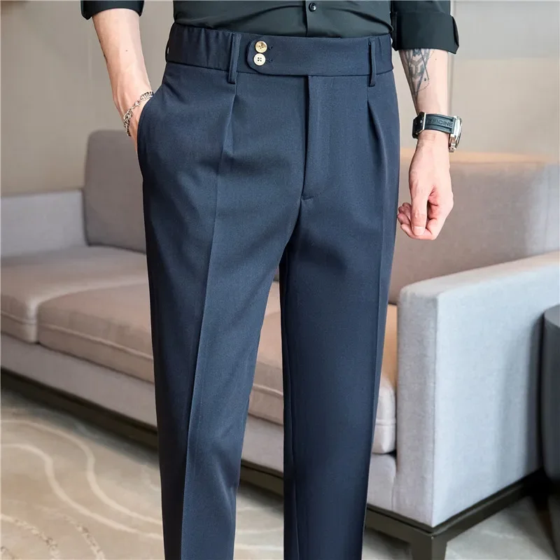 Men High Waist Dress Pants British Style 2024 Autumn Solid Color Casual Trousers Slim Fit Formal Suit Pants Fashion Men Clothing