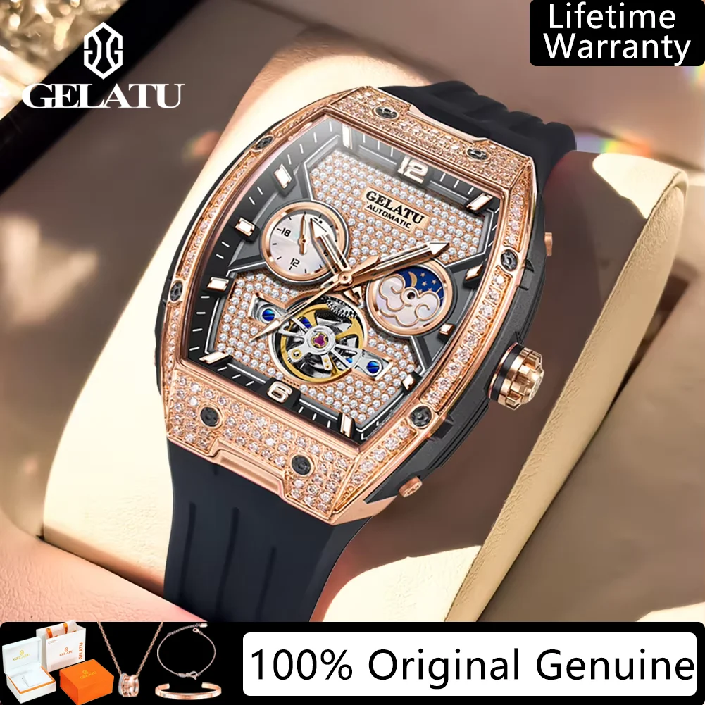 GELATU Full Diamond Automatic Mechanical Women's Watches Luxury Original Hollowed Moon Phase Elegant Ladies Dress Watches 6016
