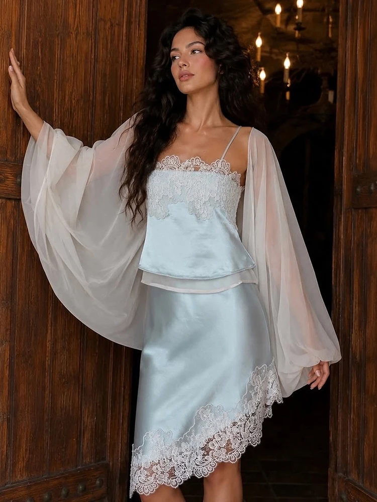Weird Puss Patchwork-Spitzen-Satin-Netzstoff-2-teiliges-Set für Damen, schlichtes Freizeit-Oberteil + Rock mit elastischem Bund und unregelmäßigem Saum, eleganter Anzug – Detail 7
