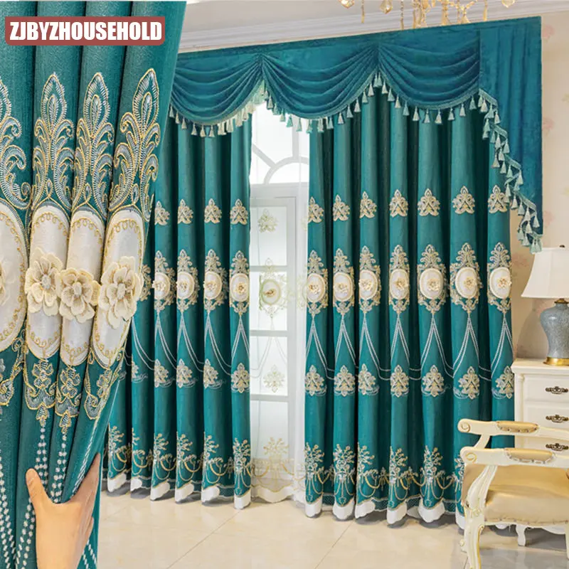 

European Embroidered Curtains for Living Room Bedroom Thickened High-end Luxury Blackout Balcony Dark Green Tulle Window Custom