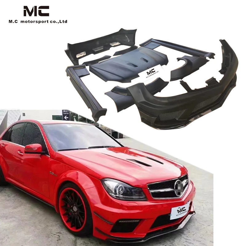 Fiberglass Front Rear Bumper Side Skirts Fenders Canard Hood Black Series Wide Body Kit for Benz C-CLASS W204 C63 AMG