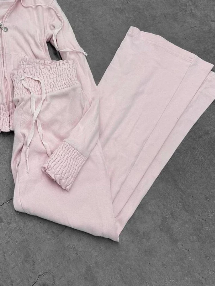 Korean Fashion Casual Pink Pants Set Hooded Zip Jacket + High Waist Pants New Design Aesthetic Sweatsuit Slim Sweet Outfits 2025