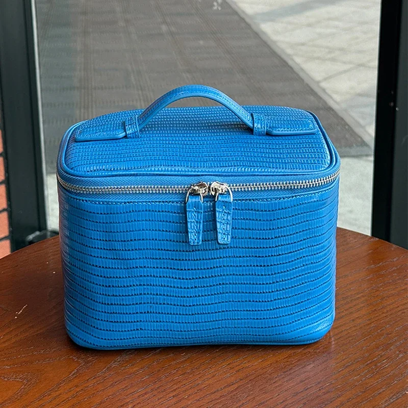 26Luxury and High-End Lizard-Pattern Leather Makeup Bag, Travel Portable First-Layer Cowhide Storage Bag, Large-Capacity Was