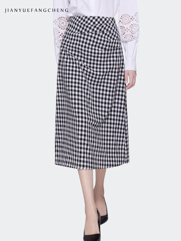 Simple Style Women' Spring Summer Checkered Cotton Skirt High Waist A-line Mid-length Casual Vintage Plaid Skirts