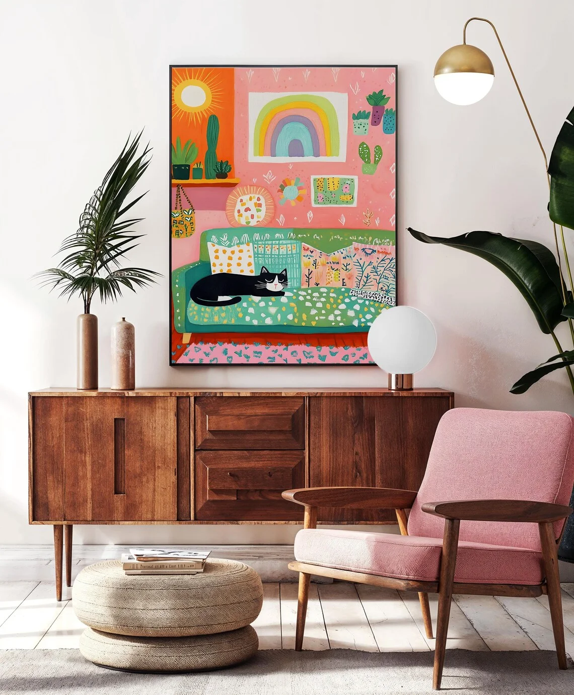 Unframe Colorful Whimsical Wall Art: Cozy Black Cat Napping on Patterned Sofa in Bright Retro-Inspired Living Room – Vibrant Boh