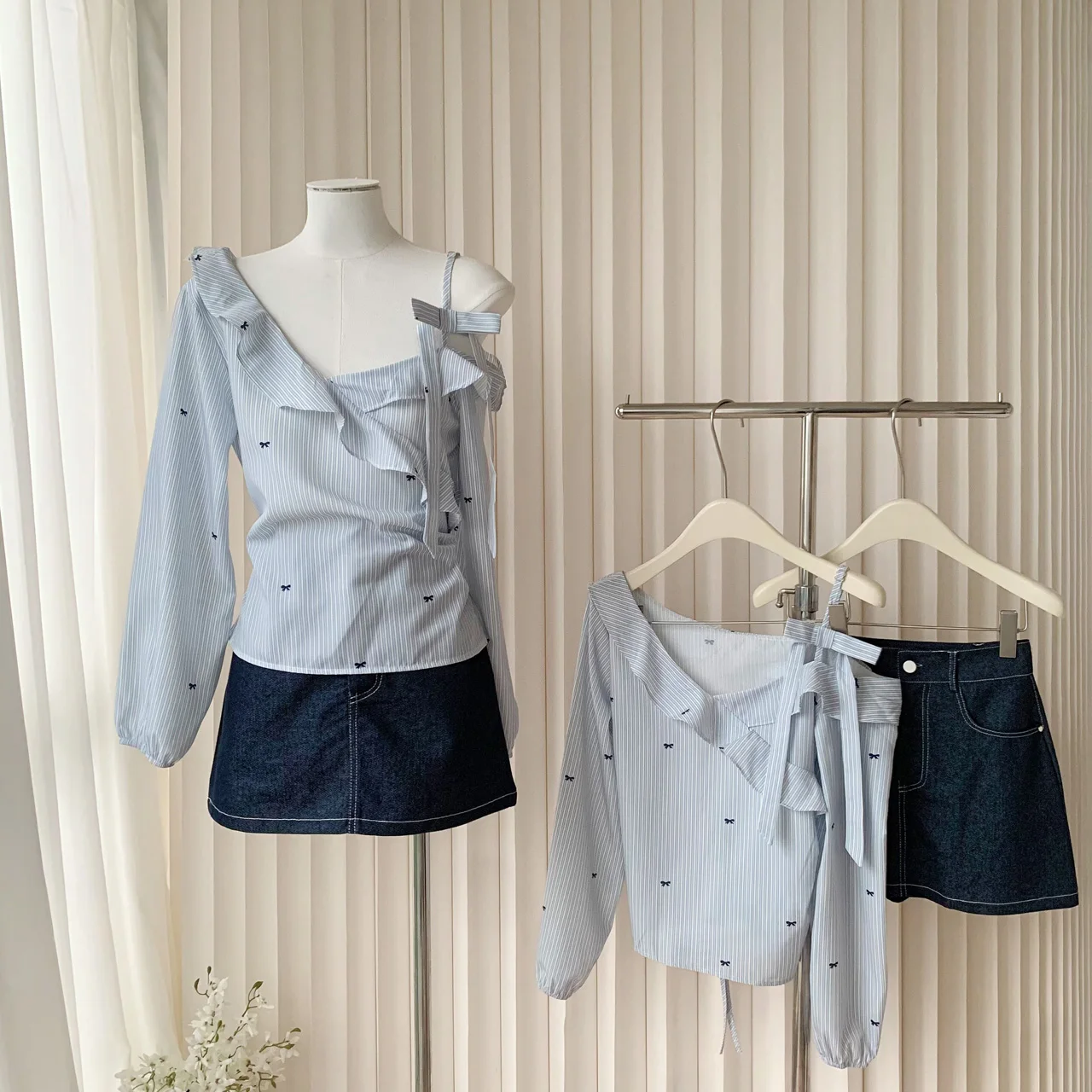 

Lin Summer Blue Tone с рюшами и полосками на плечах, топ с узлом irt ter Ne, комплект с юбкой, женское модное полиэфирное волокно