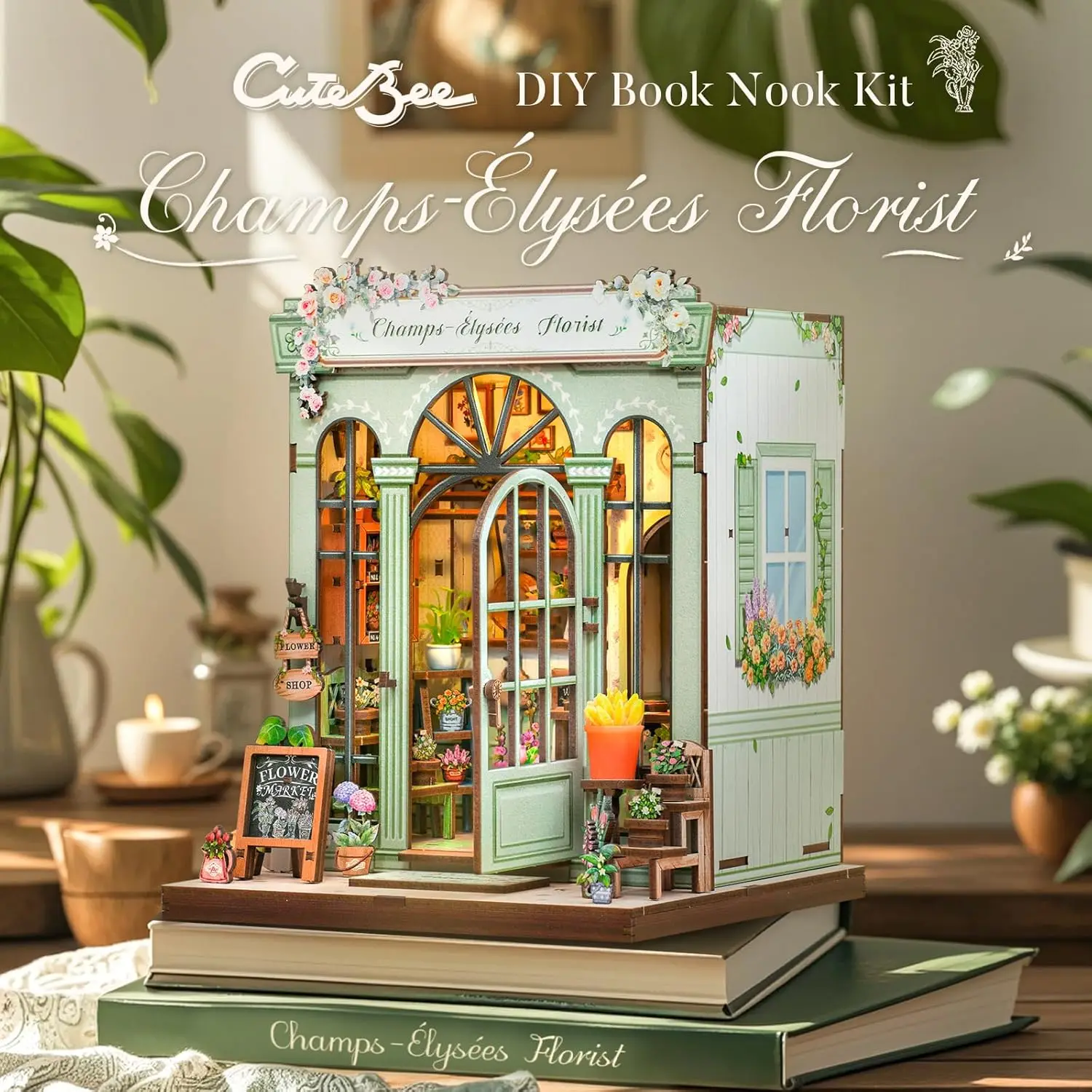 Miniature 3D en bois DIY Faite à la main : Modèle de fleuriste Champs-Élysées avec interrupteur tactile et lumière LED, serre-livres empilable, ornement anti-stress, cadeau artisanal pour les amateurs de livres