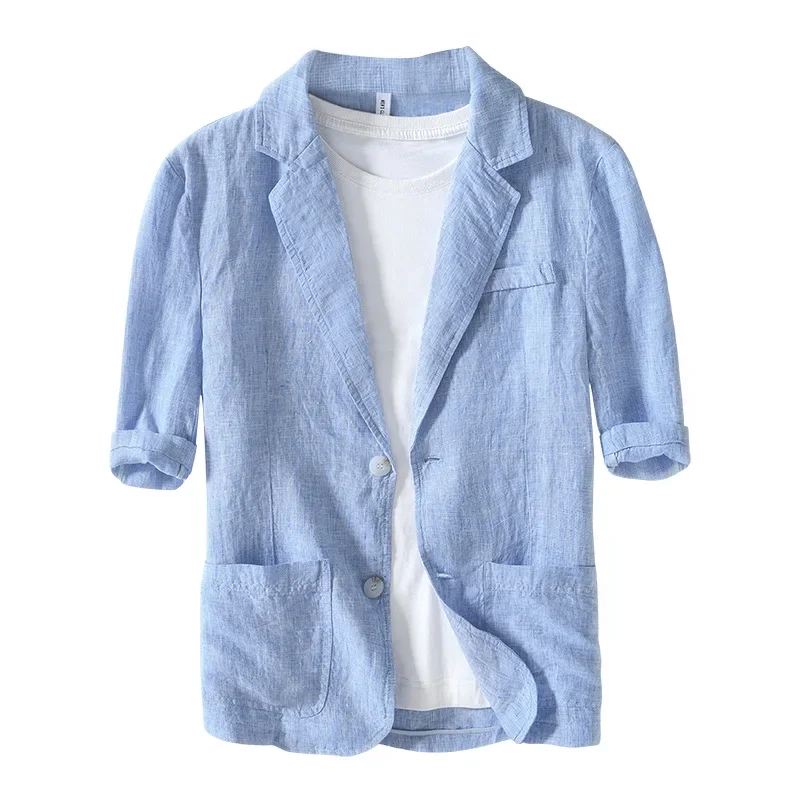 

Cotton linen five part sleeve small Blazer for men's summer thin medium sleeve linen suit casual solid color youth top