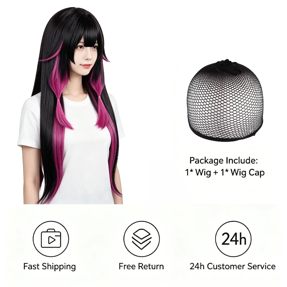 Long Straight Black Rose Pink Gradient Wig With Bangs Heat Resistant Synthetic Natural Hair For Columbina Cosplay Daily Party