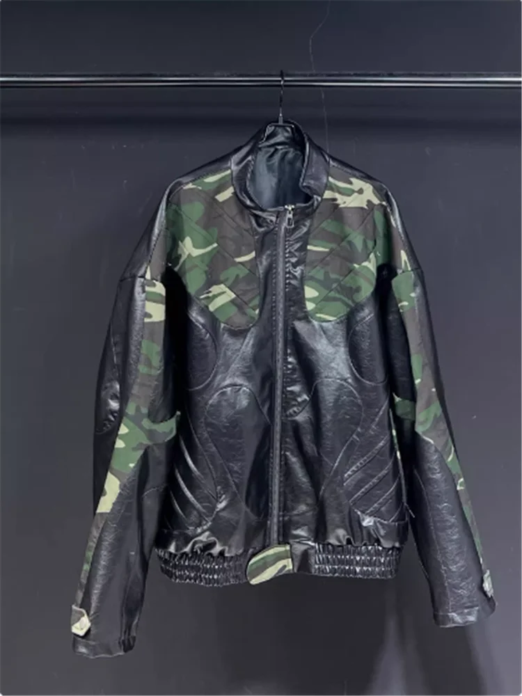 Motorcycle racing wear black PU short leather coat 2025 spring and autumn camouflage handsome motorcycle jacket leather