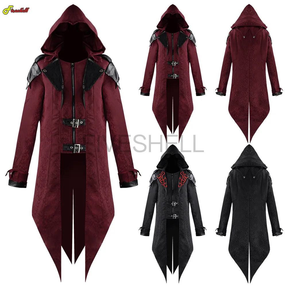 

Adult Men's Medieval Cosplay Costume Steampunk Hooded Vampire Jacket Tuexdo Victorian Retor Gothic Tailcoat Halloween Jackets