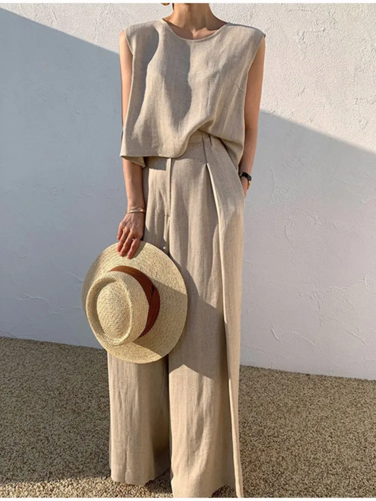 2024 Spring Summer Solid Color Cotton Linen Two Piece Set Women Fashion Casual Sleeveless Tops Loose Wide Legs Pants Ladies Sets