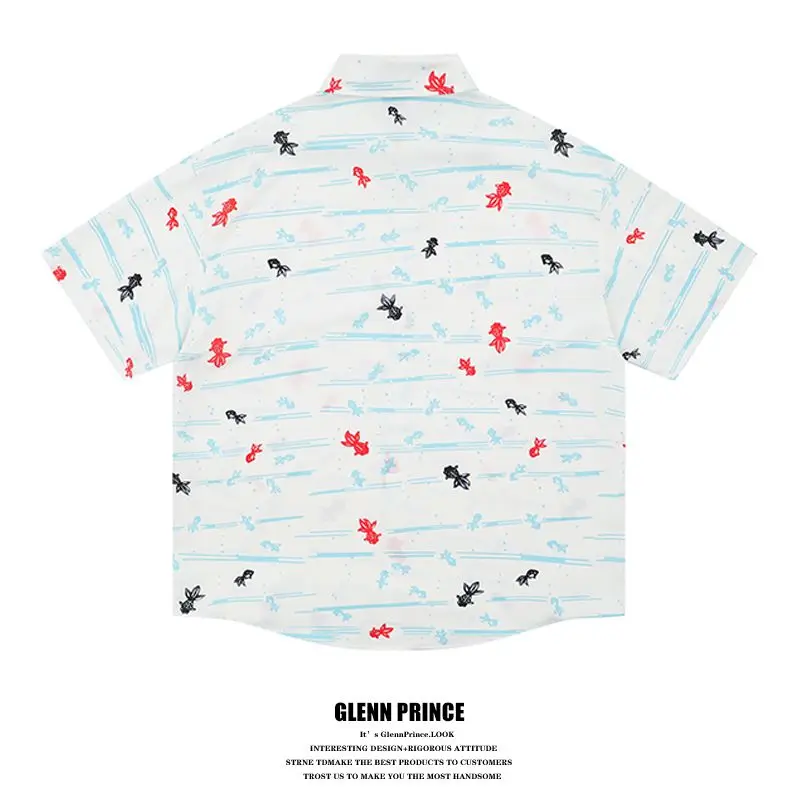 BEIANJI men clothing Japanese retro fun small fish full print short-sleeved shirt men's trendy brand loose casual flower shirt