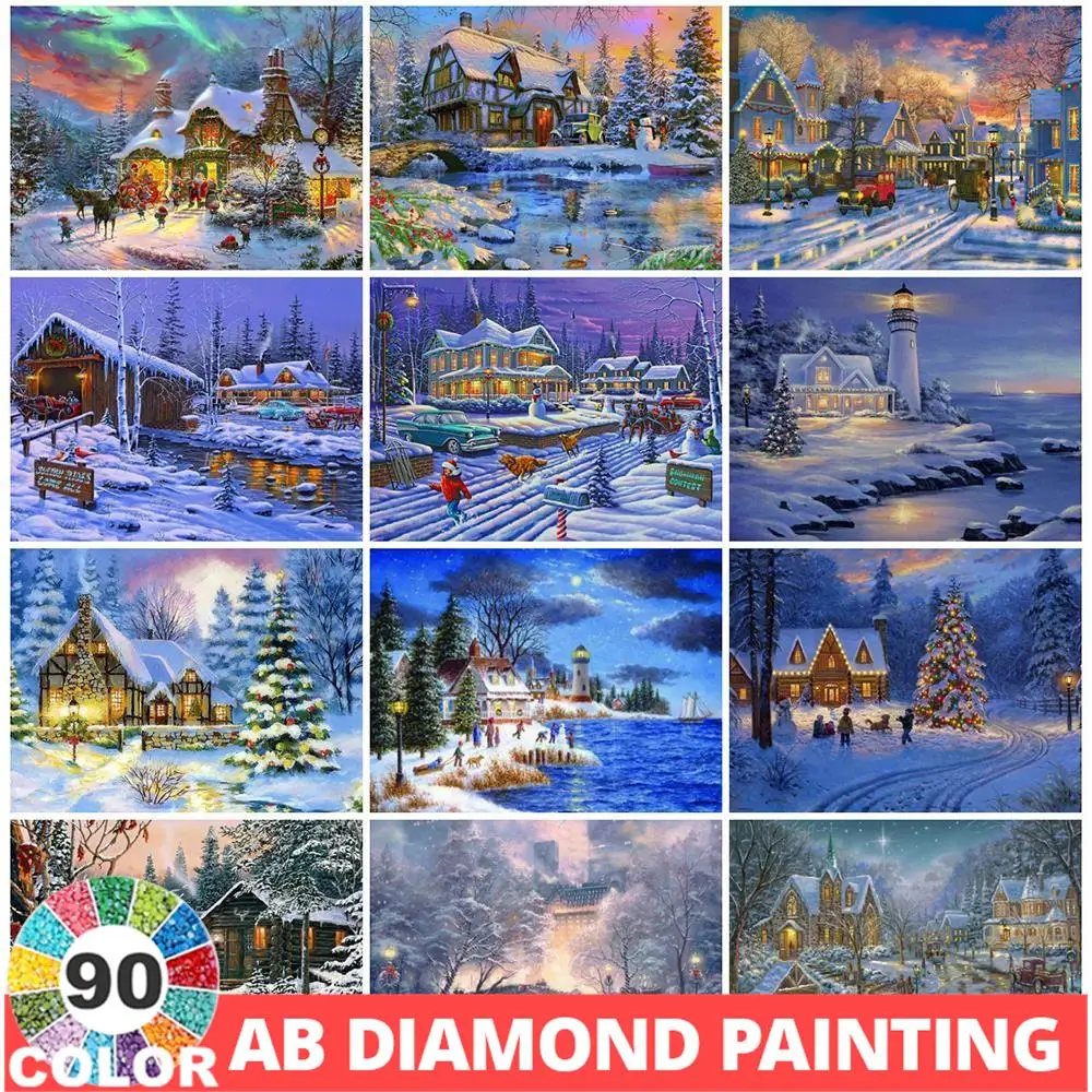 AB 90 Colors Diamond Painting 5D House Cross Stitch Kit Mosaic Winter Needlework Landscape Art Full Drill Wall Stickers