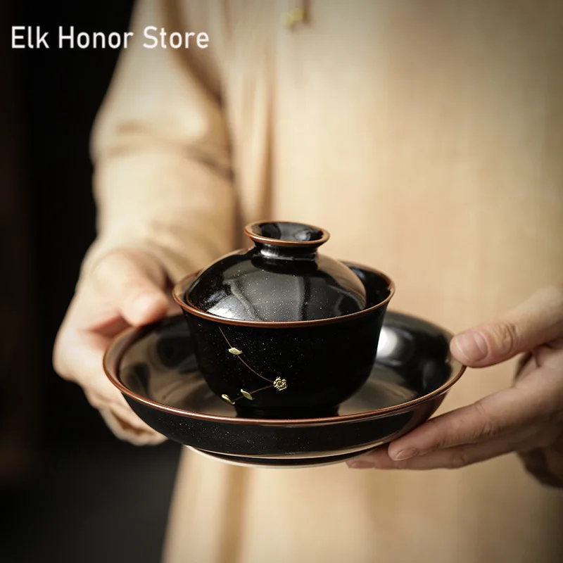 120ml Balck Tea-dust Glazed Gaiwan Retro Curing Nail Tea Lid Set Small Tea Tureen Household Tea Brewing Cover Bowl for Tea Craft