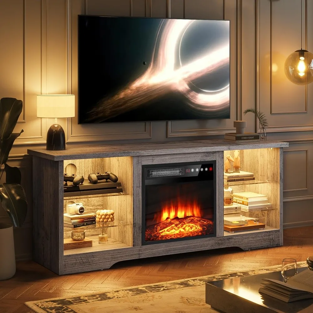 58 Inches Fireplace TV Stand for TVs up to 65 Inches Console with 18'' Electric Fireplace & Remote Wooden Modern