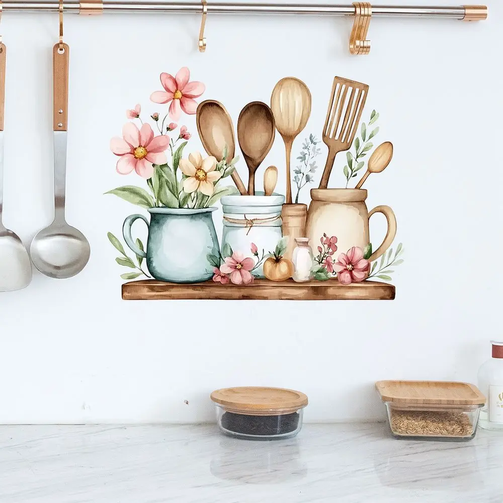 Creative Kitchen Wall Mural Cartoon Art Style PVC Decor Sticker Self Adhesive Waterproof Wallpaper For Cooking Area