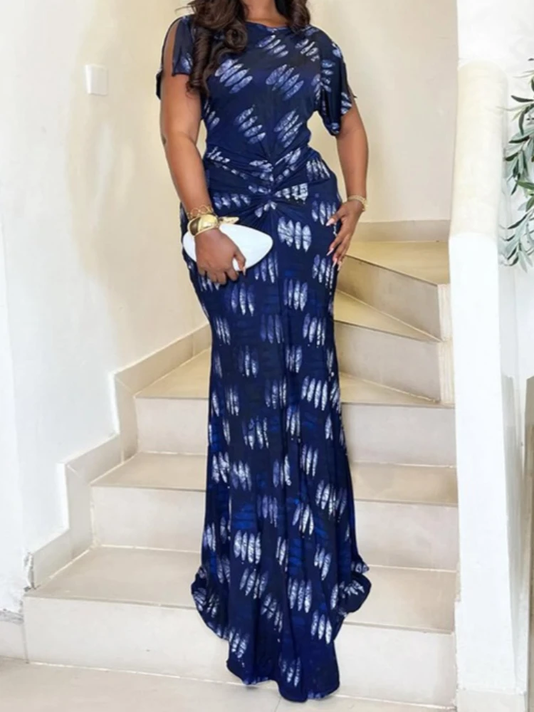 

Новое шикарное синее платье-макси Foamlina 2026 с принтом, облегающее, женское, модное, с круглым вырезом, коротким рукавом, с драпировкой на талии, элегантное, для вечеринок