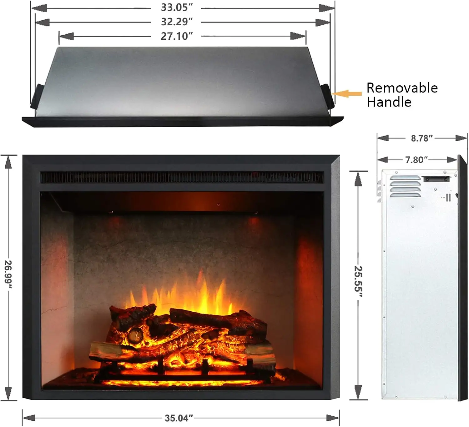 33 polegadas, inserção de lareira elétrica Edward com som de crackling de fogo, interior de concreto resistido, controle remoto, 750/1500W