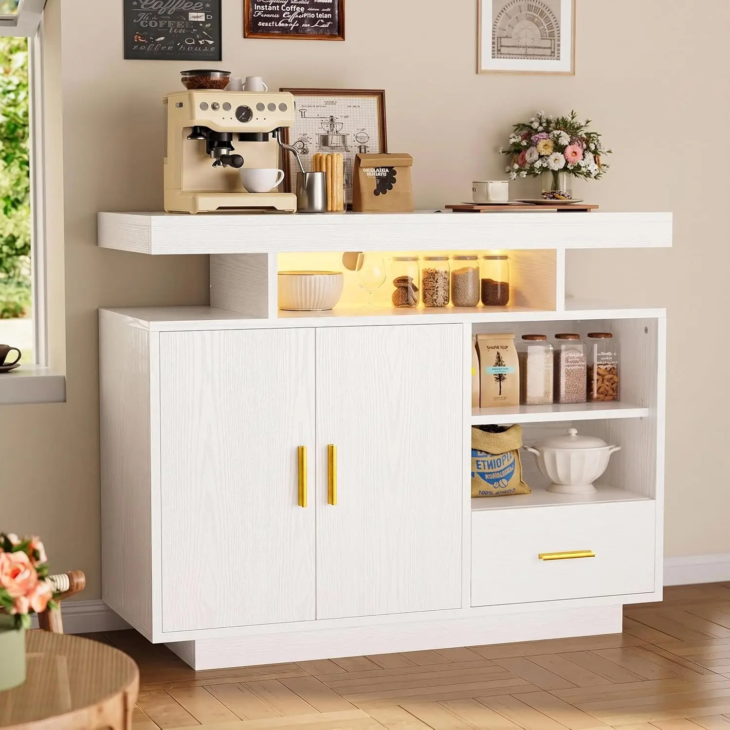 Coffee Bar Cabinet with Storage, Buffet Cabinet with Outlet, White