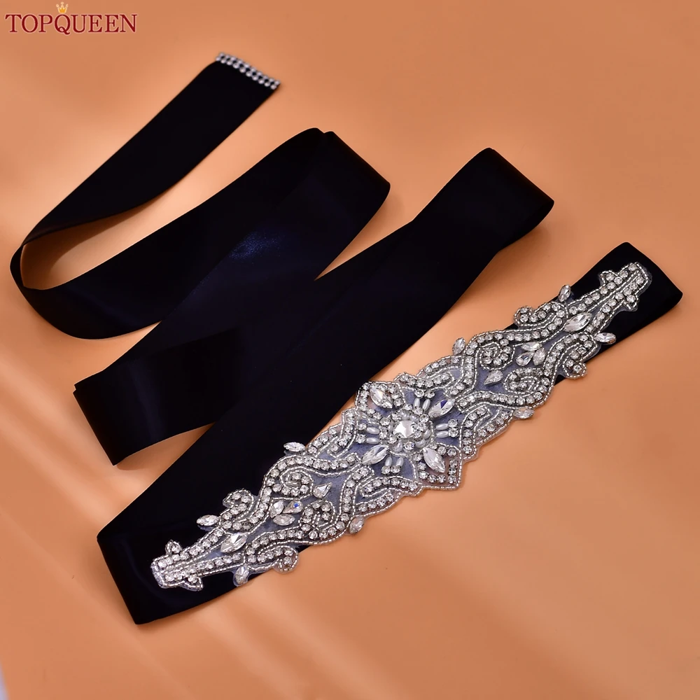 TOPQUEEN Wedding Dress Belts Silver Rhinestone Bridal Bridesmaids Sash Women Accessories Wide Party Prom Gown Applique Adult S26