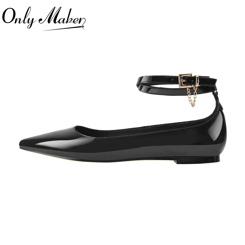 Onlymaker Women Pointed Toe Flats Shinning Patent Leather Dress Ballet Ankle Chain Buckle Shoes Female Comfortable Fashion