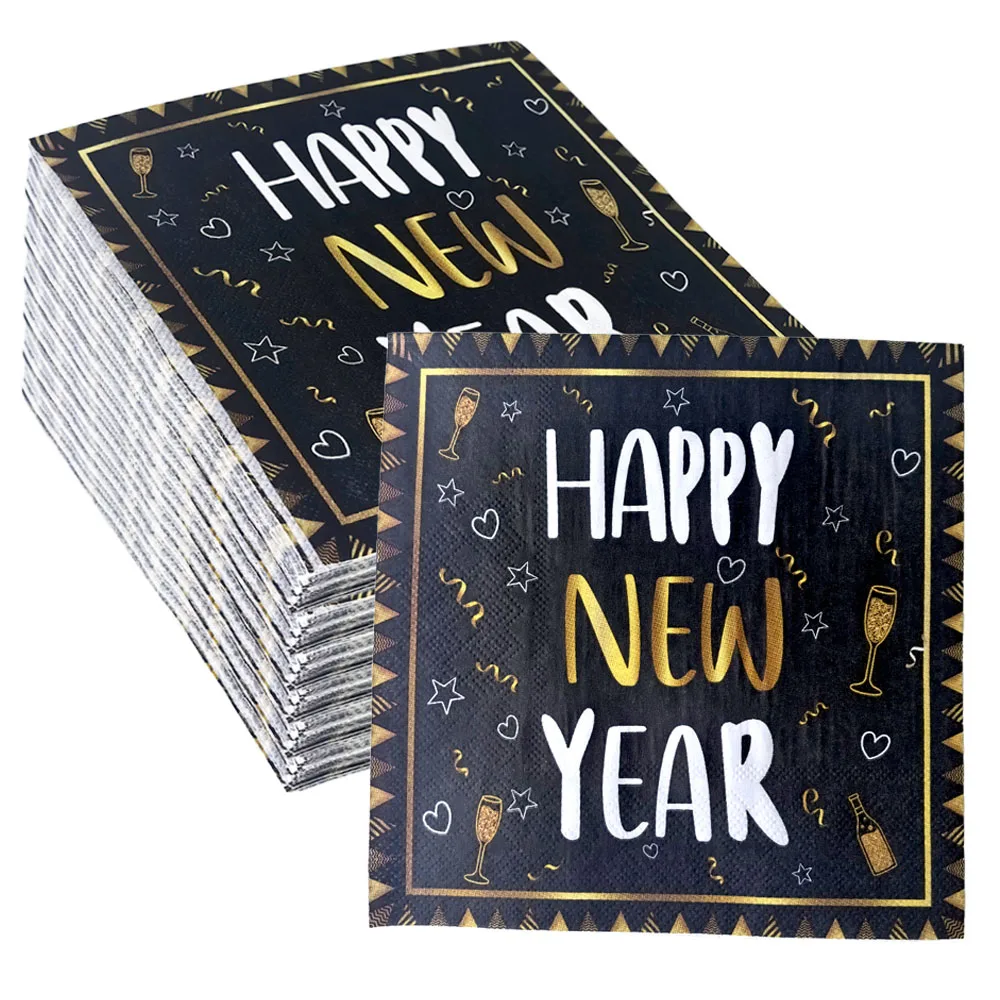 20/80/160pcs New Year Theme Disposable Paper Napkins Black Golden Happy New Year 2025 Party Decoration Supplies