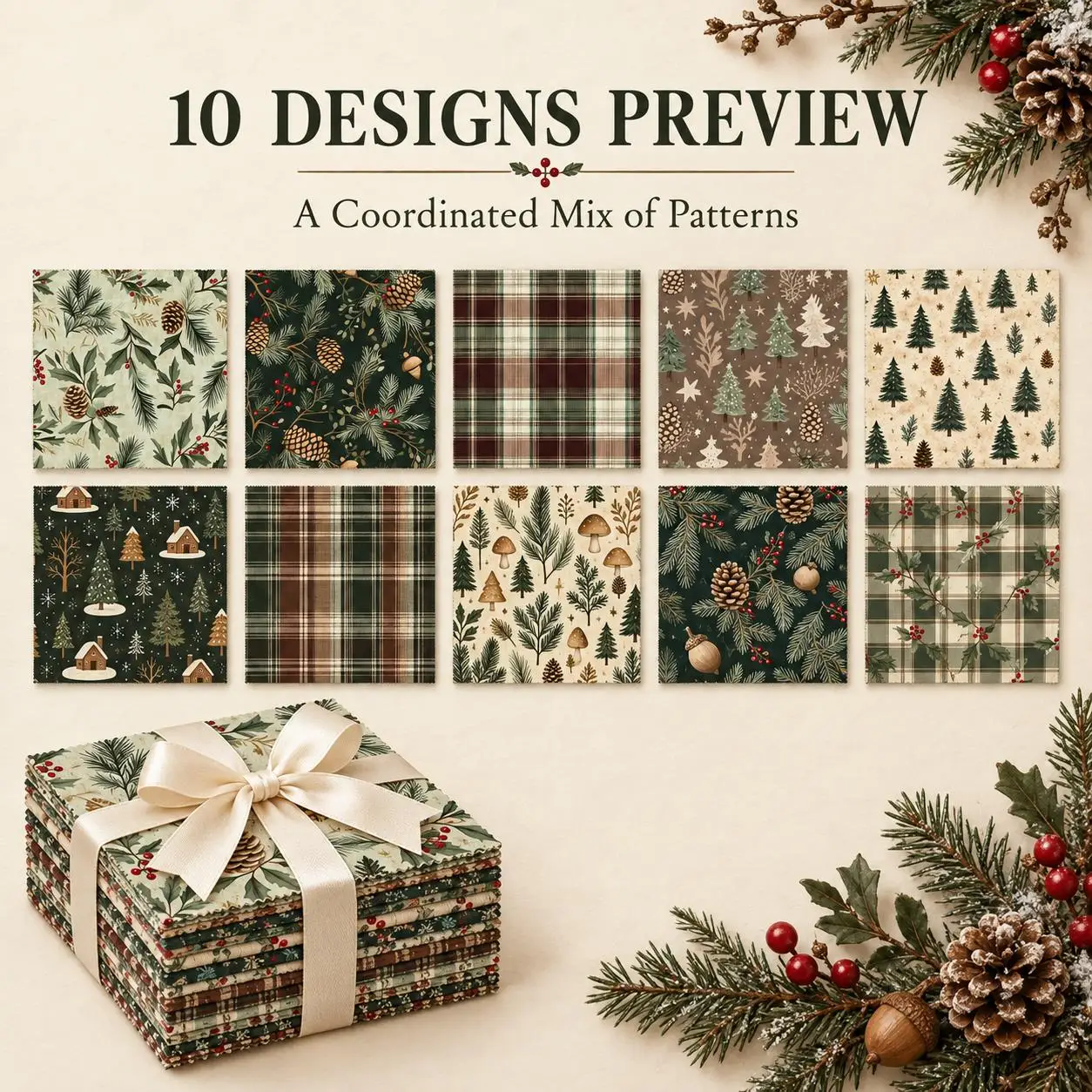 10Pc/set Christmas mushroom Holly Pinecones Fat Quarter Fabric, Pre-Cut Square Fabric Assort, Fabric Set, Craft Fabric, Handmade